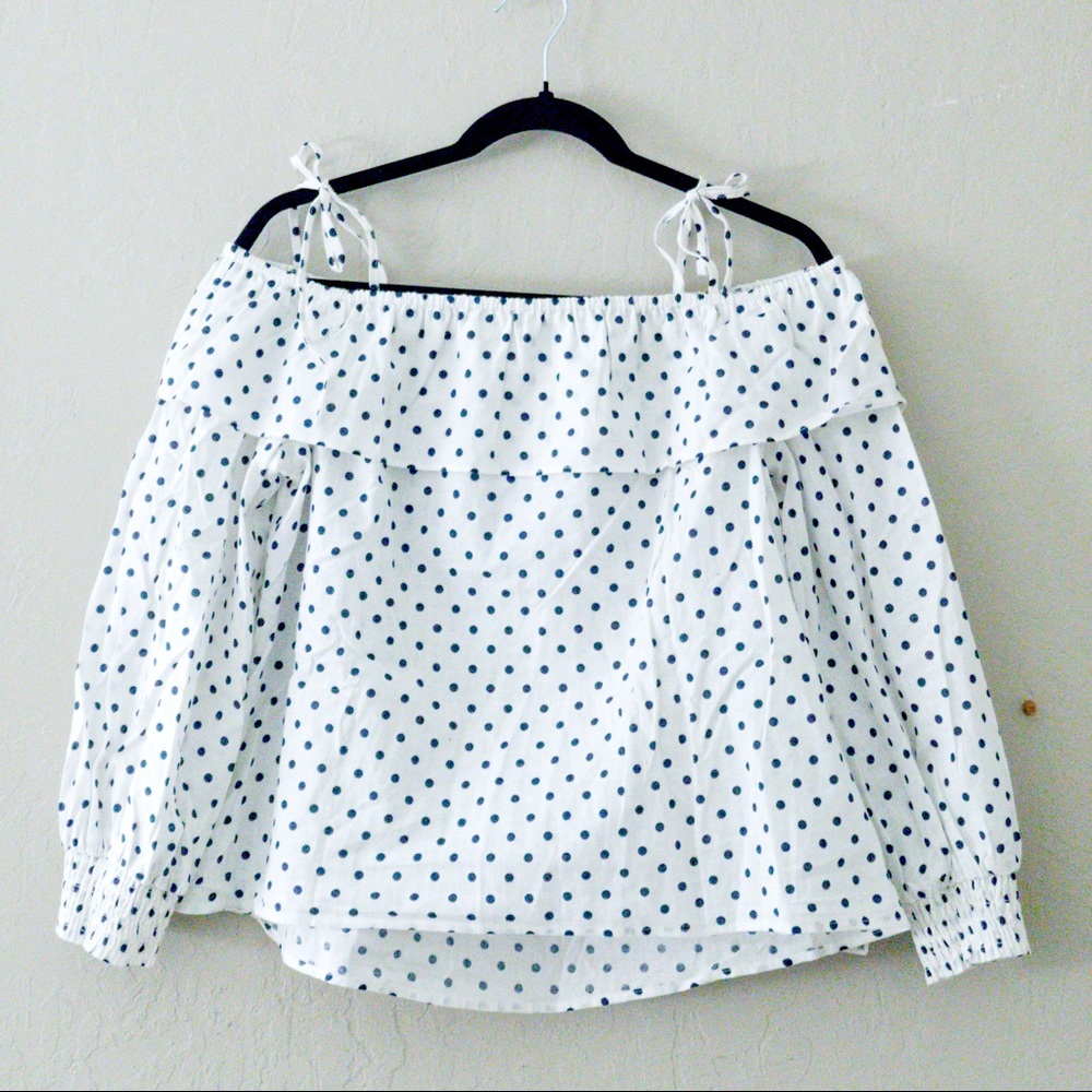 ZARA White Blue PolkaDot Off Shoulder Strap Blouse
